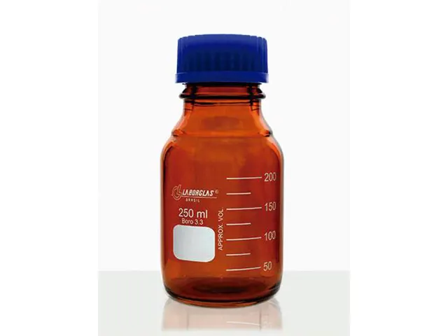Frasco Reagente com Rosca Âmbar, Tampa e Anel Antigota Azul 1.000 ml Laborglas