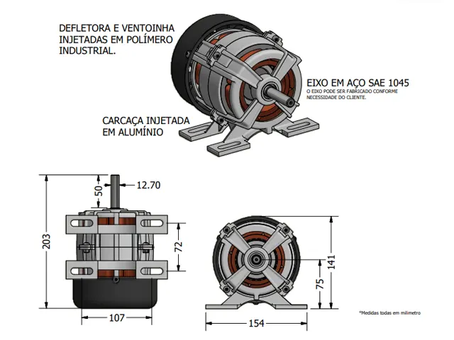 Motor Aberto com Base e Defletora Trifásico 220/380V Potência HP 1/3